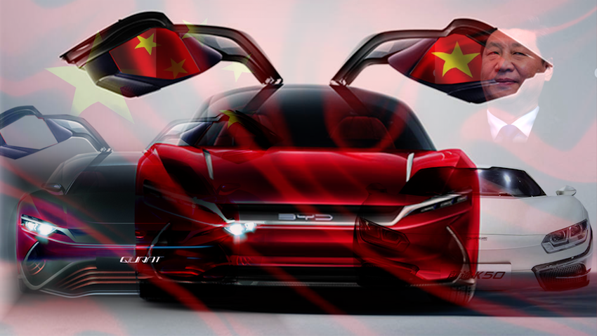 A red sports car with flagsDescription automatically generated