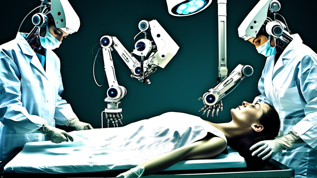 A person lying on a bed with robotic armsDescription automatically generated