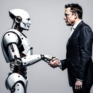 A person in a suit shaking hands with a robotDescription automatically generated