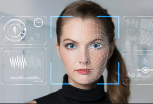 A person with a grid on her faceDescription automatically generated