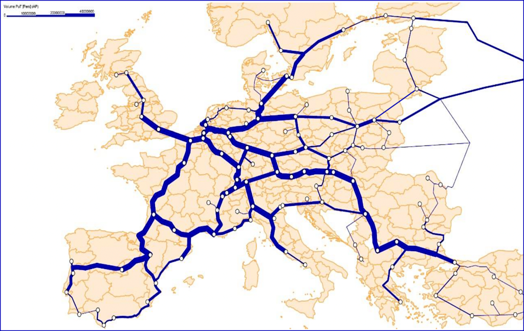 A map of europe with blue lines Description automatically generated