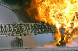 A fire on a bridgeDescription automatically generated