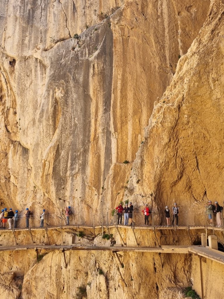 A group of people walking on a bridge Description automatically generated