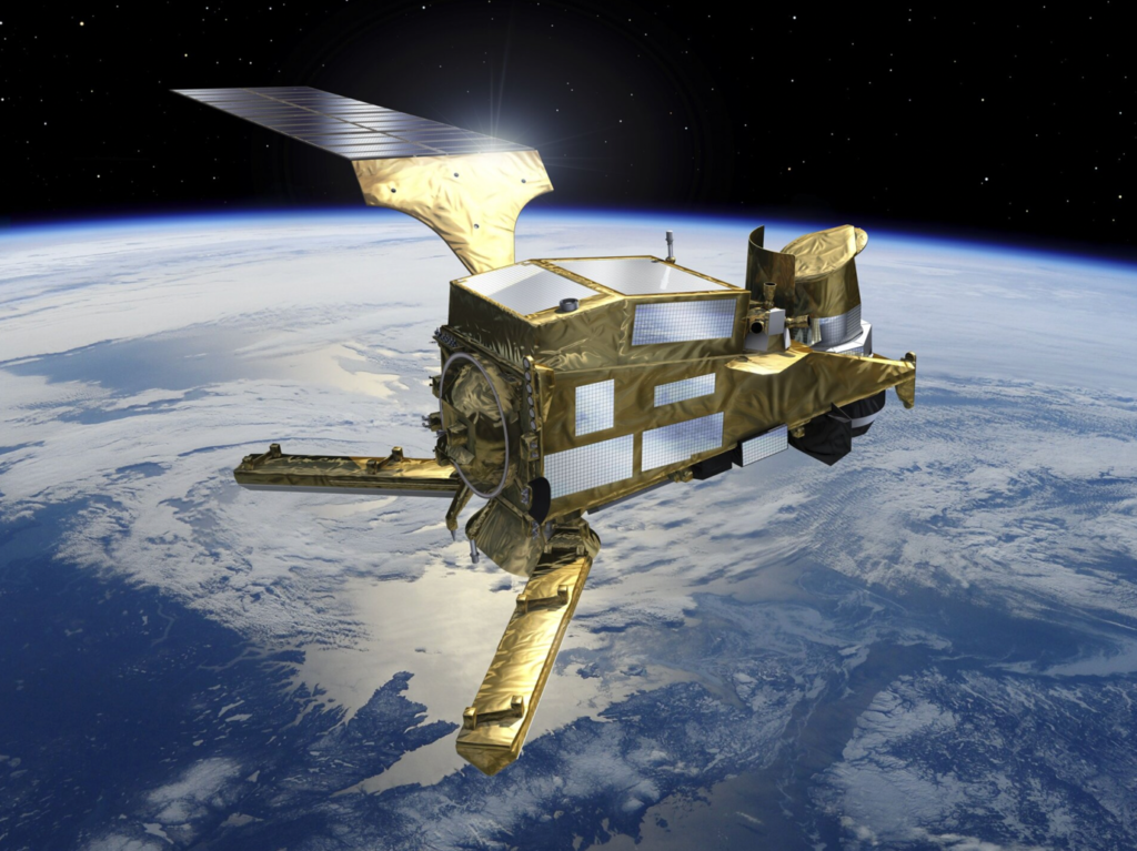 A gold satellite in space Description automatically generated